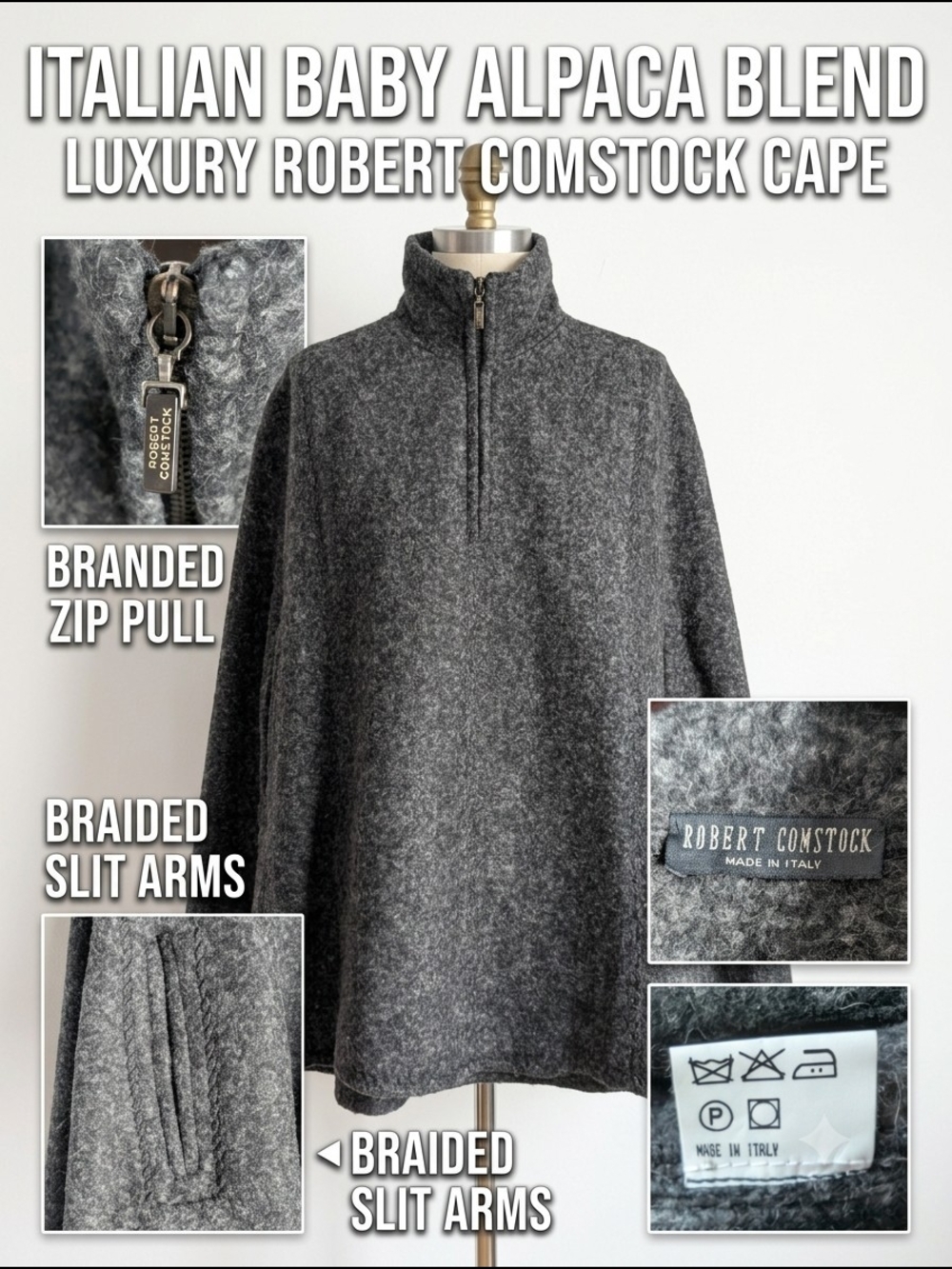 Robert Comstock Baby Alpaca Blend Poncho Cape Grey Zip Cloak Wrap Made In Italy